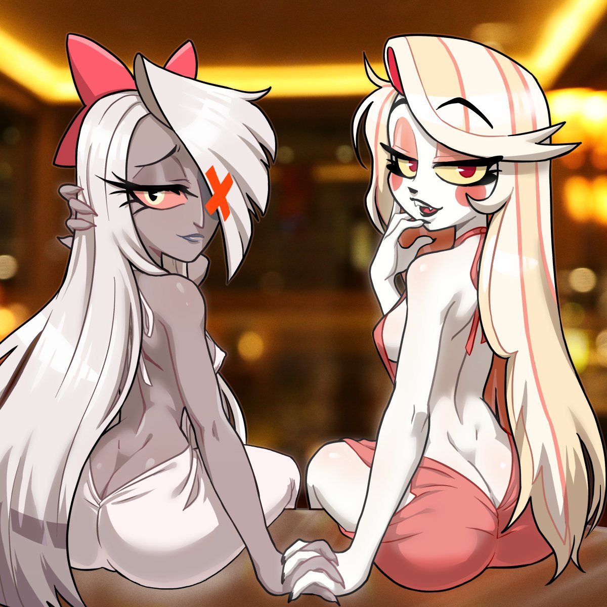 2022 2_بنات مؤخرة ظهر بدون ظهر_فستان بدون ظهر_ملابس سوداء_بشرة شقراء_شعر أحمر الخدود_ملصقات صدر مقوسة مؤخرة_متصدع canon_couple Centinel303 charlie_morningstar_(hazbin_hotel) ملون_sclera ملون_بشرة داكنة_أنثى داكنة_بشرة شيطان شيطان_فتاة فستان رموش_رمادي_شعر_شعر_فوق_عين_واحدة_قوس شعر hazbin_hotel عالي_الدقة_تمسك_يد أصابع متشابكة_شعر طويل_مظهر_منظر_خلفي_متوسط_ثديين_بنات_متعددة_فم_مفتوح_فم_جميل مغر_ابتسامة جانبية يجلس صغير_ثديين يبتسمان_(hazbin_hotel) ) White_skin Yellow_Sclera يوري