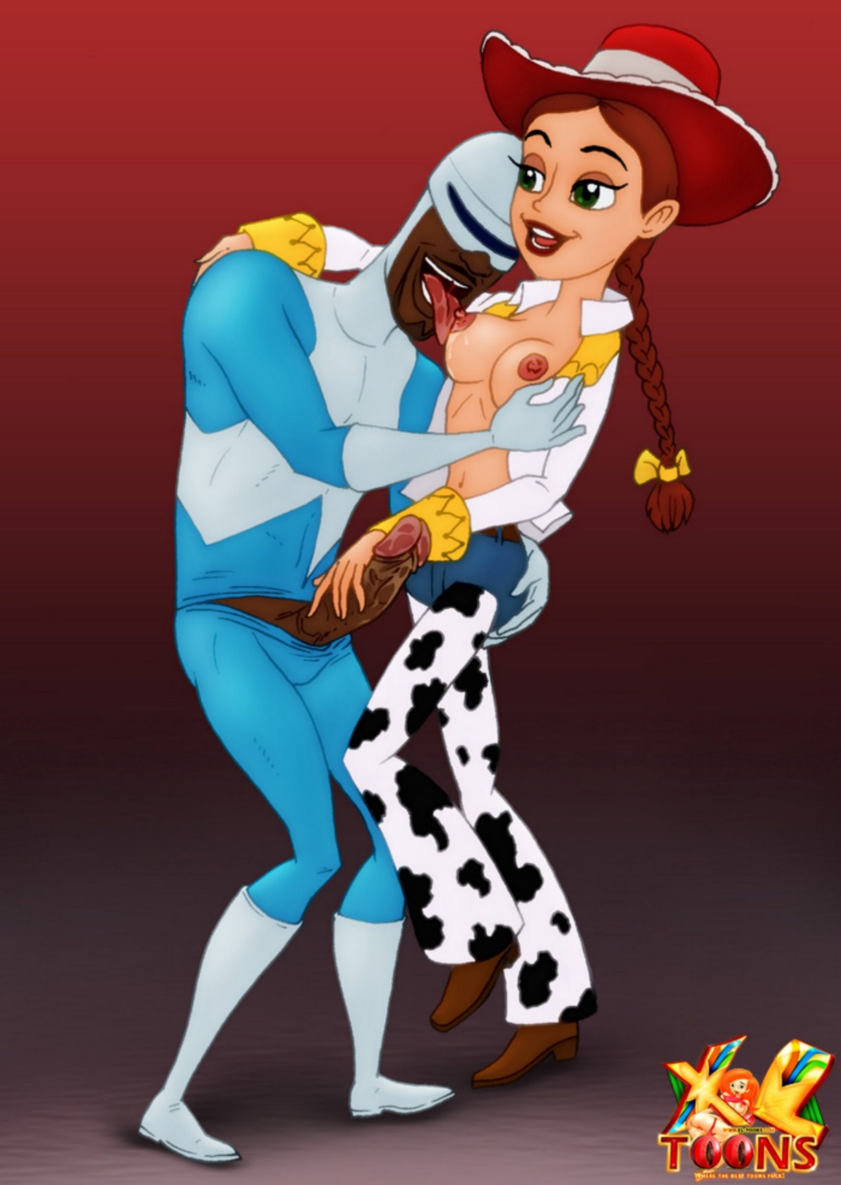 1girl راعية البقر كروس ديزني frozone green_eyes human licking_breast أحمر الشفاه ذكر السرة حلمات القضيب red_background red_hair tagme the_incredibles Toy_story Toy_story_2 xl-toons.com