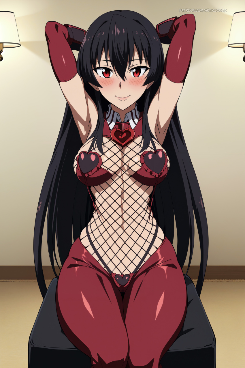 1فتاة akame_(akame_ga_kill!) akame_ga_kill!  مغرية ذات شعر أسود، كوع، قفازات شبكة صيد السمك، كويكوي_(فنان) متوسطة_ثديين مثبتين، تظاهر بشعر أحمر، جوارب جالسة