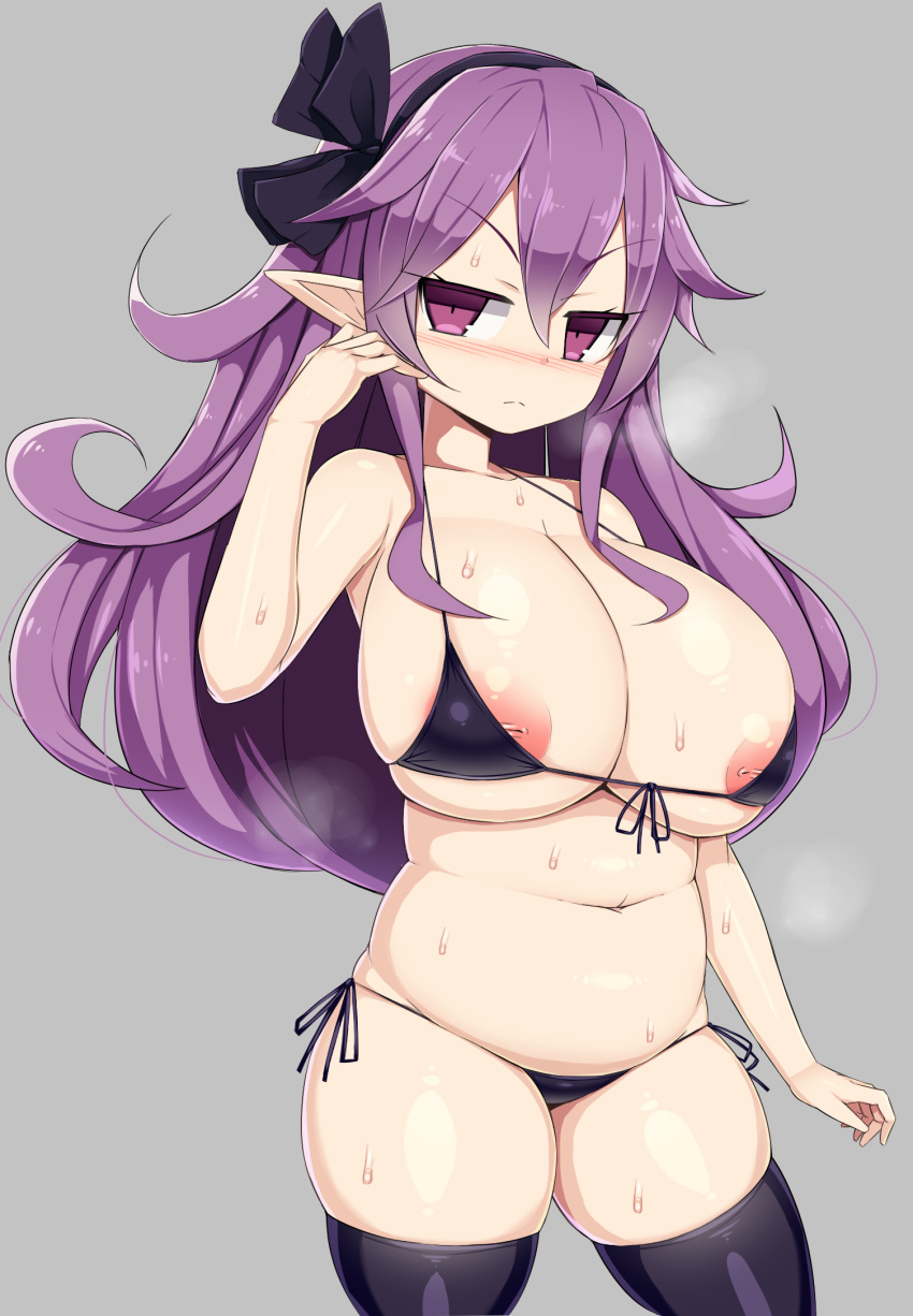 الهالة الهالة درع_الفارس_(disgaea) بيكيني disgaea ضخمة_الهالة ضخمة_الهالة طويلة الشعر look_at_viewer الحلمات purple_hair سواتي جوارب string_bikini ملابس السباحة