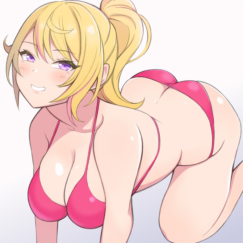 1girl all_fours مغرية الحمار big_breasts بيكيني شقراء_شعر الثديين بعقب_كراك الانقسام dead_or_alive_xtreme dead_or_alive_xtreme_venus_vacation konishiki_(52siki) long_hair look_at_viewer purple_eyes swimsuit tecmo White_background yukino_(doa)