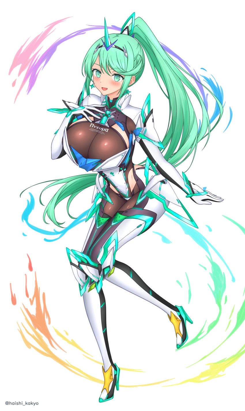 1girl 1girl مغرية كبيرة الثديين انقسام feichu_keju green_eyes green_hair High_res pneuma_(xenoblade) ذيل حصان White_background xenoblade_(سلسلة) xenoblade_chronicles_2