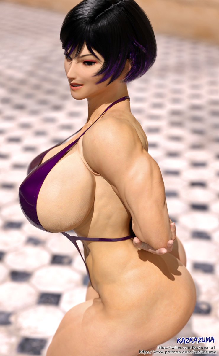 1girl 1girl 3d 3d_(عمل فني) مغرية asian_female مؤخرة رياضية_أنثى عارية الساقين big_breasts بيكيني أسود_وأرجواني_شعر حقوق الطبع والنشر_اسم مفصل_خلفية أنثى_تركيز_أنثى_فقط_fit_female Hands_behind_back kazkazuma namco purple_eyes purple_swimsuit reina_(tekken) short_hair sling_bikini swimsuit tekken tekken_8