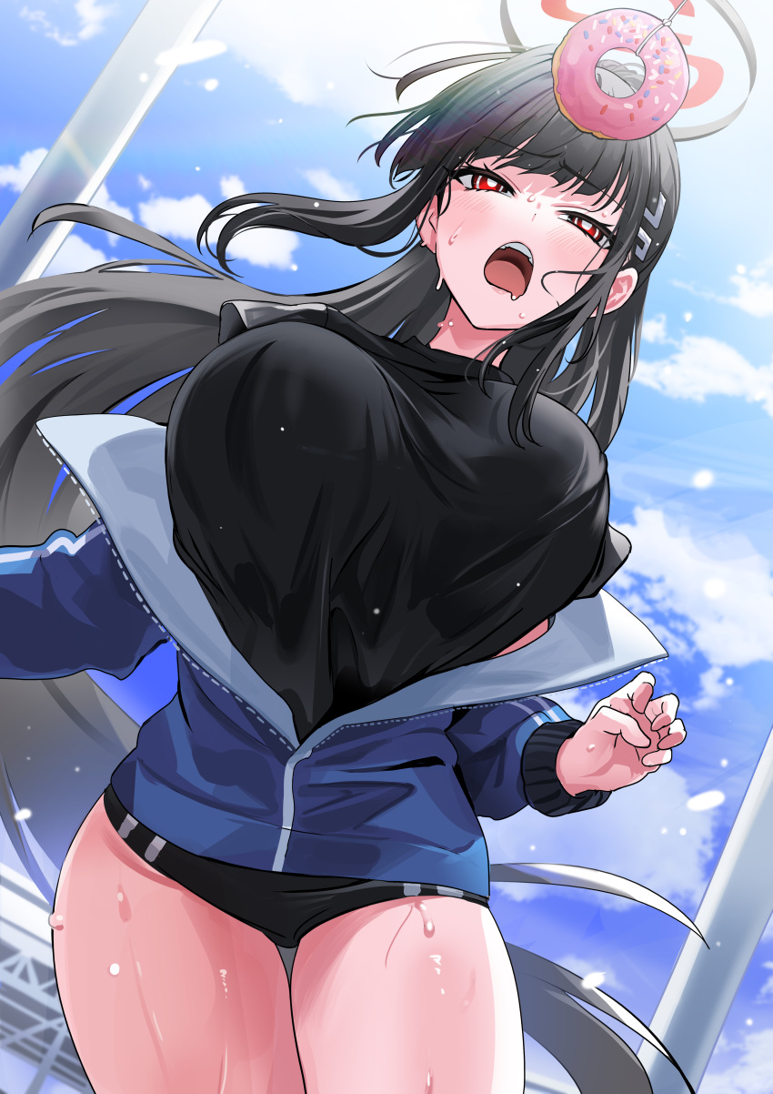 1girl 1girl سخيفة_res big_breasts black_buruma black_hair black_shirt blue_archive blunt_bangs blush breasts buruma donut food hair_ornament hairclip halo High_res سترة Jacket_partially_removed long_hair open_mouth red_eyes rio_(blue_archive) قميص العرق الفخذين_فجوة الفخذين Very_long_hair yuki_(asayuki101)