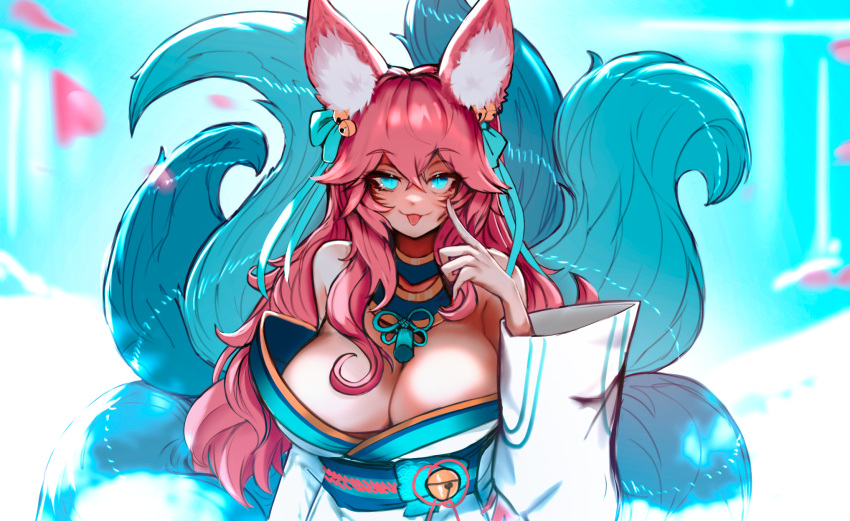 1girl ahri_(league_of_legends) أكانبي حيوان_أذن_زغب حيوان_آذان عارية_أكتاف جرس أزرق_عيون زرقاء_ذيل القوس الثديين انقسام منفصل_أكمام ehrrr جفن_سحب الوجه_علامة_ثعلب_آذان_ثعلب_فتاة_ثعلب_ذيل_شعر_جرس_شعر_فيونكة_زخرفة_يد_أعلى_الدقة_ملابس_يابانية league_of_legends long_hair look_at_viewer multiple_tail s مسمار_تلميع بتلات وردي_شعر_روح_زهر_أهري ذيل واقف لسان_خارج الجزء العلوي_جسم شعيرات_علامات