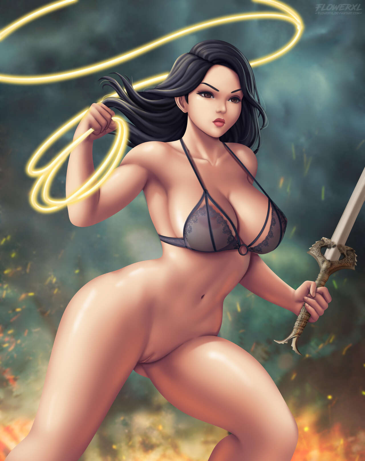 1girl 1girl 1girls الهالة big_breasts big_breasts black_hair حمالة الصدر الثديين الانقسام dc_comics diana_prince Female_only Flowerxl الملابس الداخلية كس كس Wonder_woman Wonder_woman_(سلسلة)