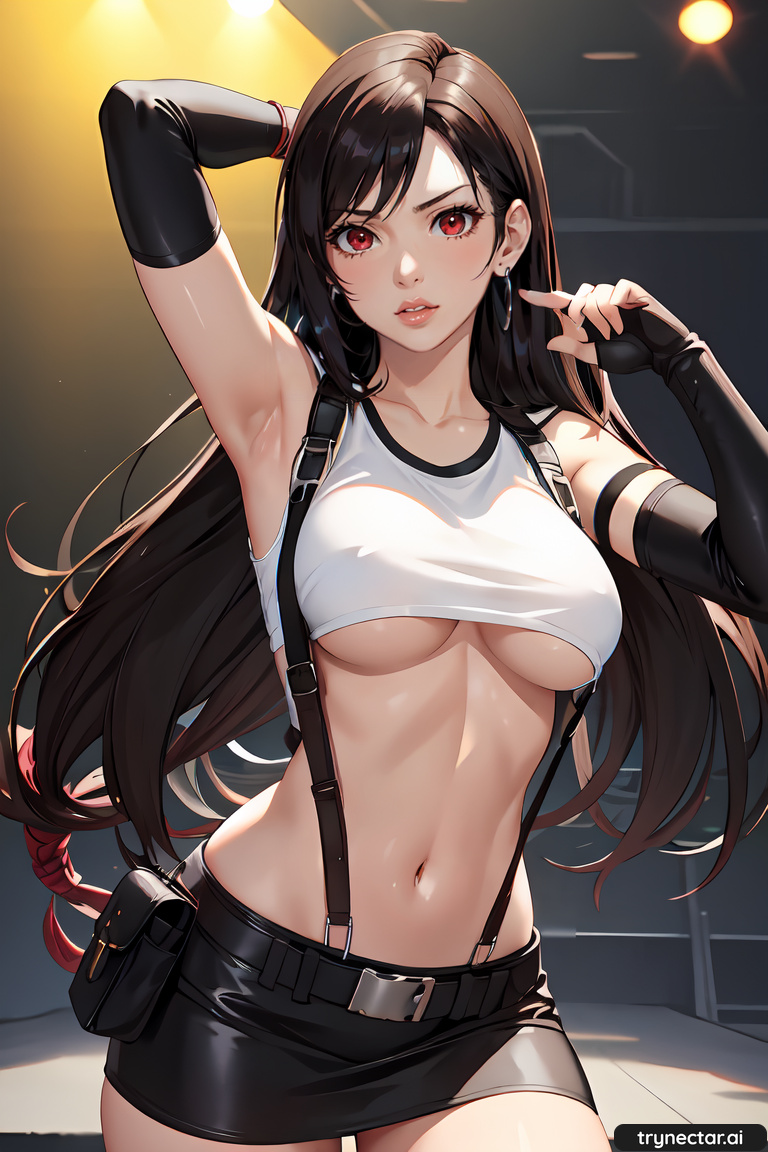 1girl ai_generated الثديين Crop_top أنثى_فقط Final_fantasy Final_fantasy_vii قفازات شعر طويل tifa_lockhart Trynectar.ai under_boob