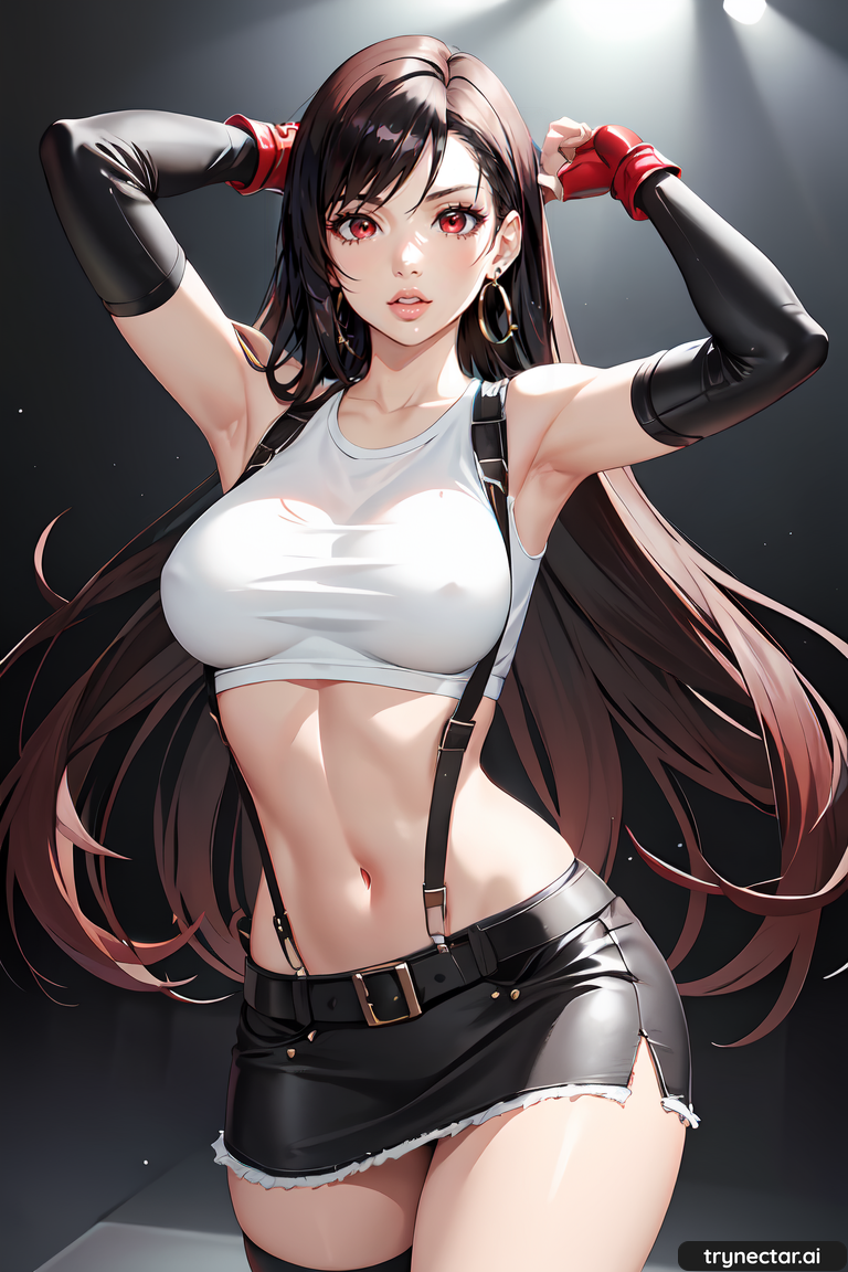 1girl ai_generated الثديين Crop_top أنثى_فقط Final_fantasy Final_fantasy_vii قفازات شعر طويل tifa_lockhart Trynectar.ai under_boob