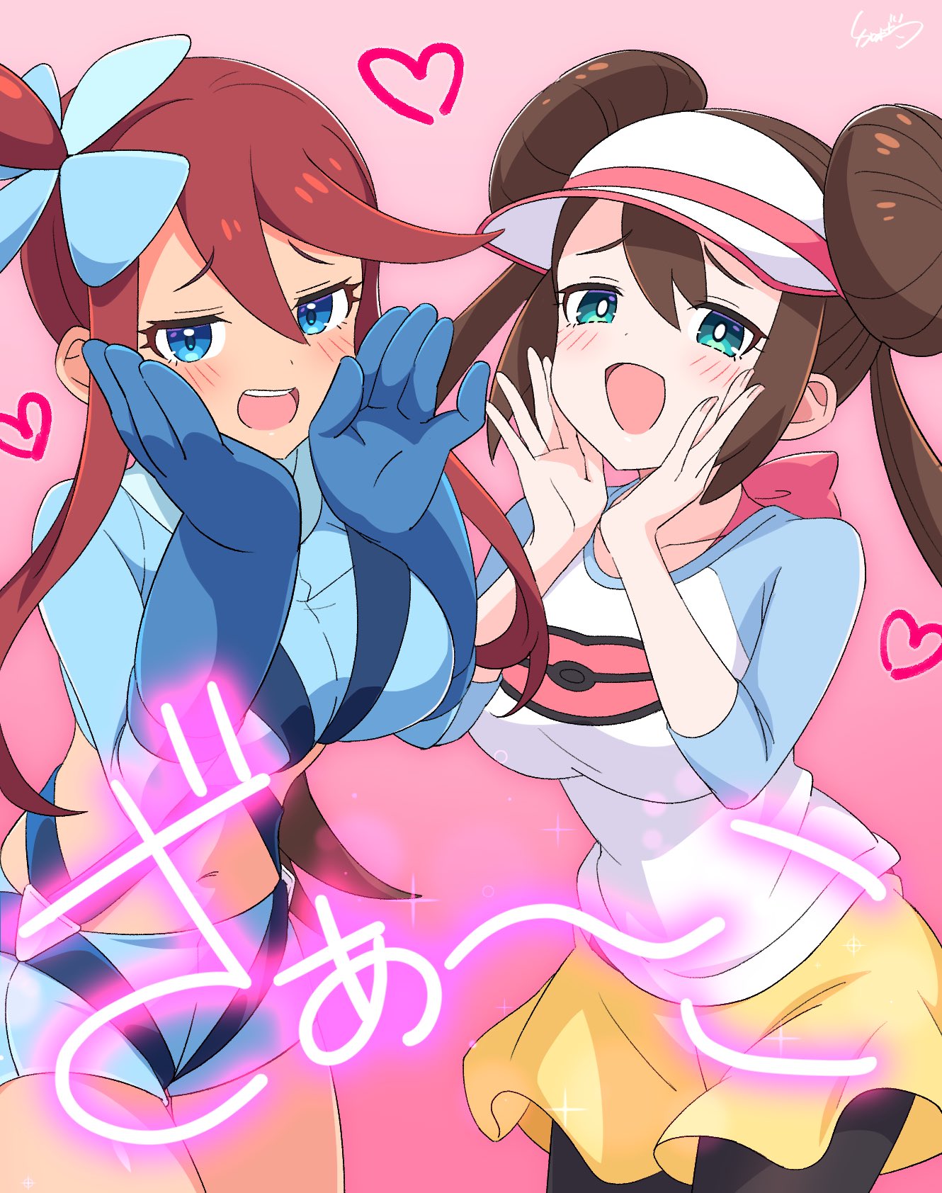 2_الفتيات:d aqua_eyes big_breasts blue_eyes blue_gloves blush breasts brown_hair commentary_request Creations_(company) double_bun game_freak gloves gradient_background hair_bun heart High_res kamuraaa_615 long_hair multiple_girls navel nintendo open_mouth pink_background pokemon_bw pokemon_bw2 red_hair rosa_(pokemon) short s skyla_(بوكيمون) أسنان مبتسمة، ذيلان، أسنان علوية، قناع، غطاء أصفر، شورت