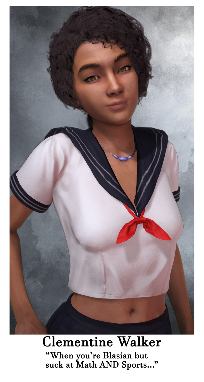 1girl 3d 3d_(عمل فني) البطن_زر الثديين بلاسيان brown_eyes brown_hair كليمنتين_(the_walk_dead) dark-skinned_female dark_skin english_text أنثى_focus أنثى_only قزحية العين look_at_viewer school_uniform sfm short_hair_small_breasts source_filmmaker المعدة في سن المراهقة نص the_walk_dead the_walk_dead_game