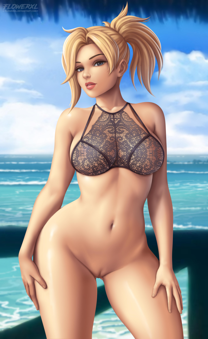 1girl 1girl aberd_res beach big_breasts black_bra black_lingerie blonde_hair blue_eyes burly breasts bridge bridge curvy eye_contact flowxl high_res lace-trimmed_bra outwatch) Overwatch_1 Palms Banties parted_lips ponytail pussy video_game_character