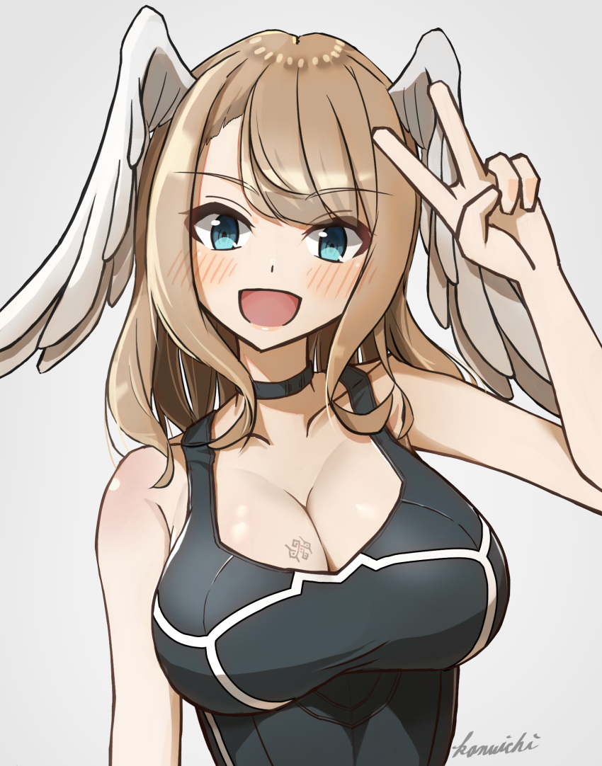 1girl 1girl مغرية big_breasts Black_Bodysuit Black_choker Blue_eyes bodysuit breast_tattoo brown_hair cleavage dot_nose eunie_ (xenoblade) grey_background head_wings high_res kanuici36 xenoblade_chronicles_3