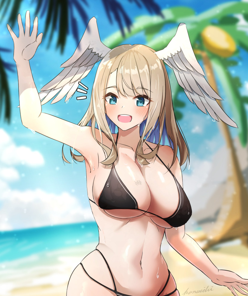 1girl 1girl مغرية الشاطئ big_breasts بيكيني blue_eyes blue_pupils أحمر الخدود breast_tattoo eunie_(xenoblade) head_wings High_res kanuici336 long_hair ملابس السباحة وشم أجنحة xenoblade_(سلسلة) xenoblade_chronicles_3