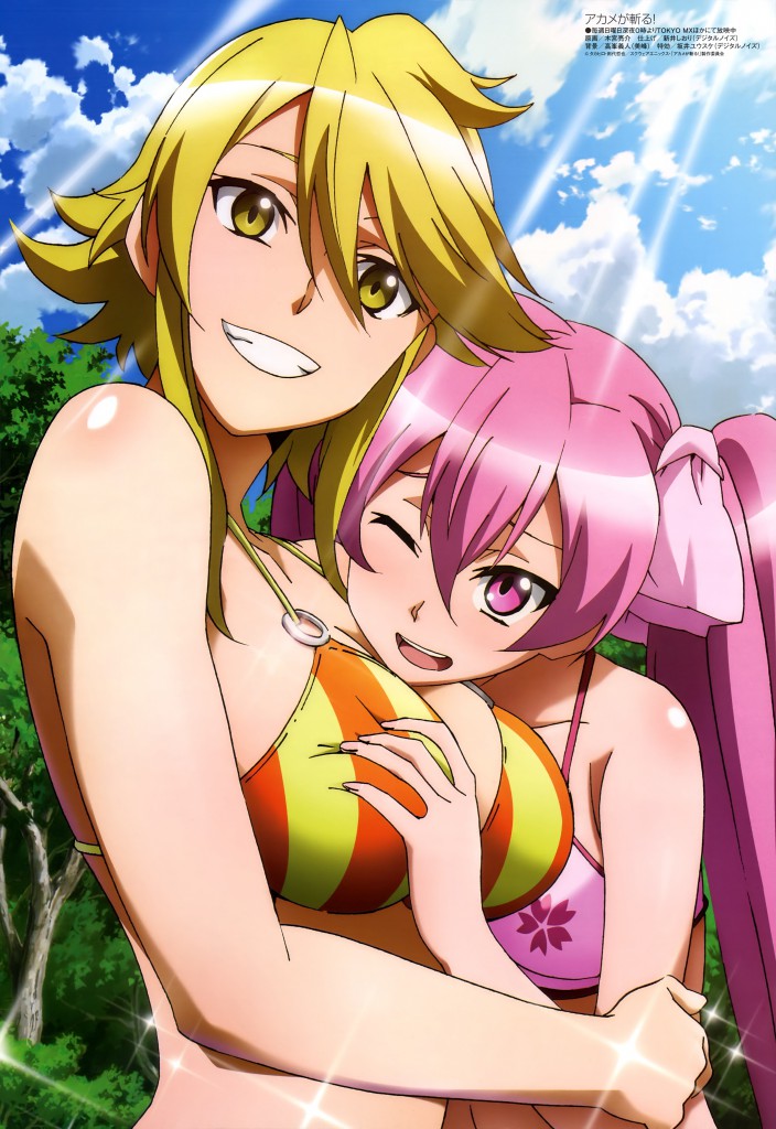 1girl 2_girls akame_ga_kill!  حمالة صدر بيكيني مغرية كبيرة الثدي أنثى_فقط غابة سيراليون_(akame_ga_kill!) منجم ذو شعر طويل_(akame_ga_kill!) فتيات متعددات وردي_حمالة صدر_وردية_عيون وردية_شعر قصير_شعر لامع ضوء الشمس ملابس سباحة توأم_ذيل ملابس داخلية صفراء_عيون_شعر_أصفر