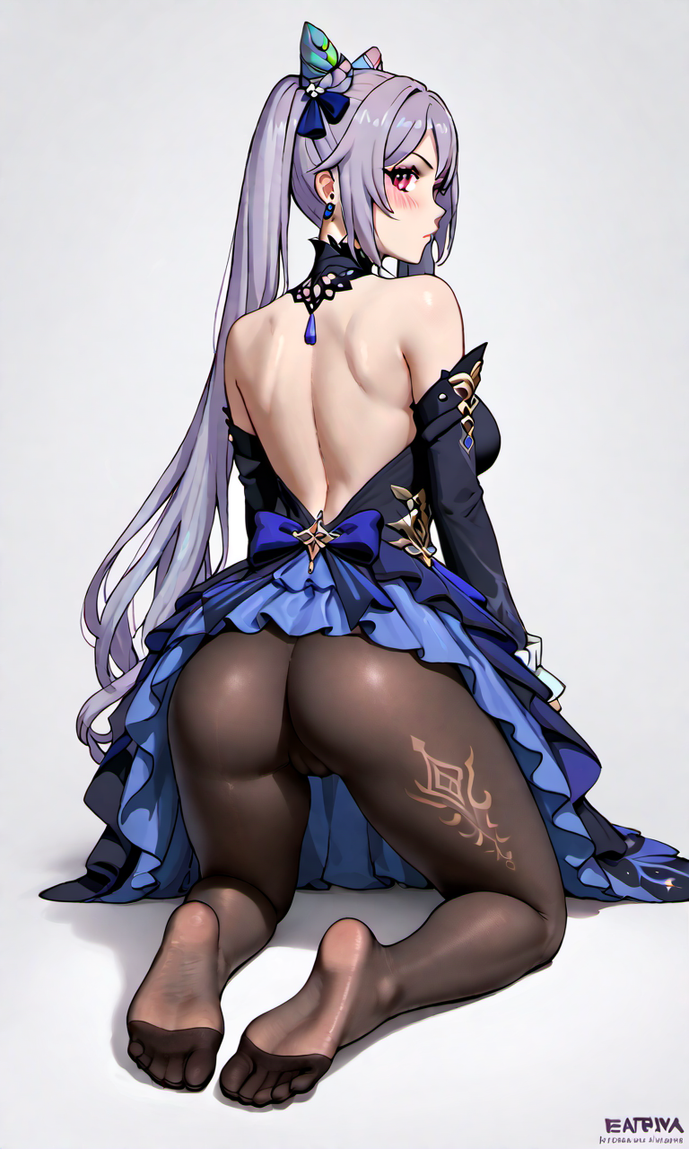 1girl ai_generated مؤخرة أحمر الخدود أحمر الخدود blushing_at_viewer فستان ضيق_رفع فستان طويل_أكمام_طويلة_مظهر_الخلف فقط_أنثى ذيل حصان أرجواني_شعر_أحمر_عيون_شريطية جوارب تمت مشاهدتها_من_الخلف