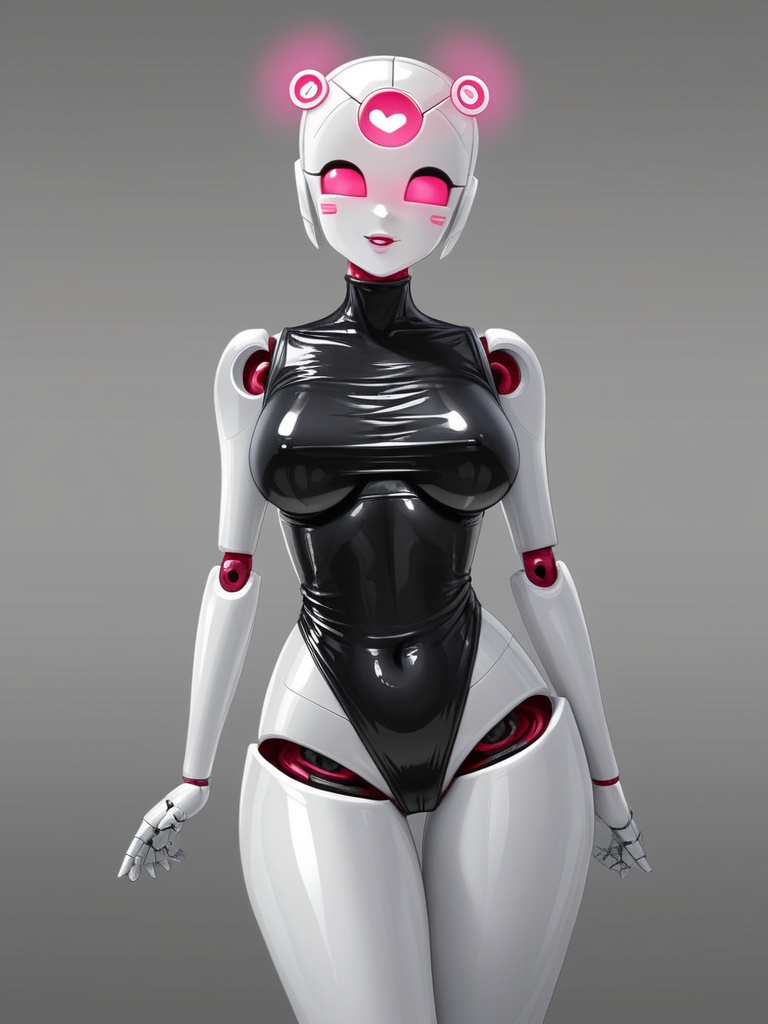 ai_generated ارتداءها، الثديين، المفاصل، look_at_viewer، ميكا، الميكانيكية الميكانيكية، pink_eyes، robot، robot_girl، robot_joints