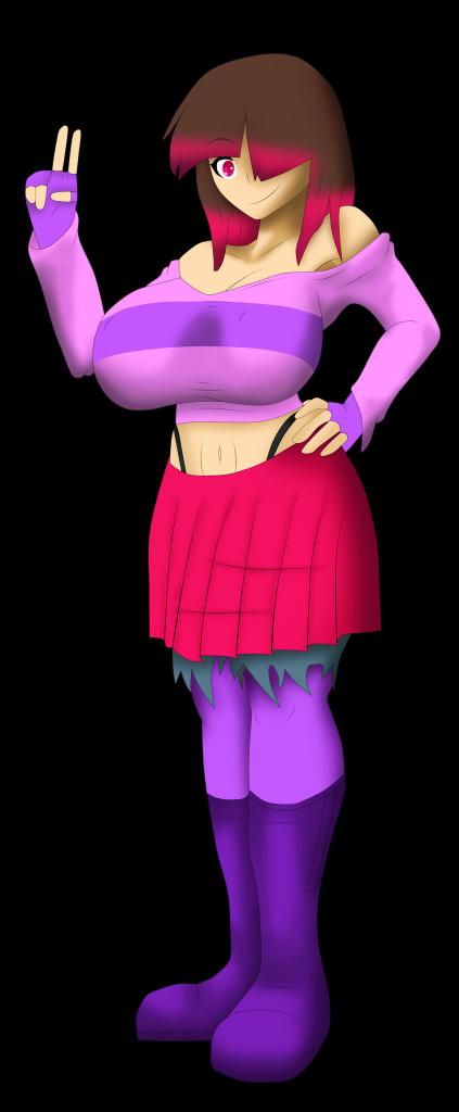 1girl bete_noire betty_noire big_breasts black_background boots breasts brown_hair أنثى_only glitchtale hand_on_hip hand_on_own_hip long_socks pink_shirt purple_boots purple_shirt purple_socks red_hair undertale_au v