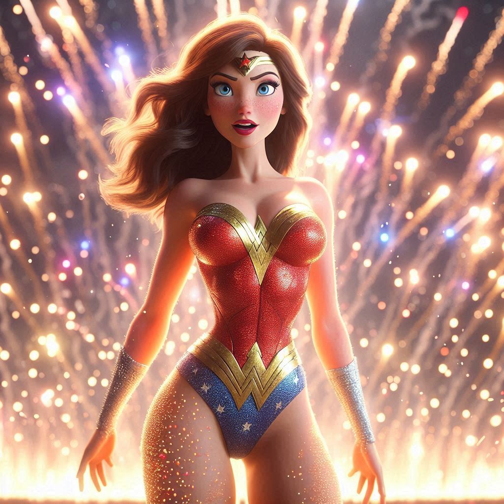 ai_generated كبير الثديين، أزرق العينين، سوار للجسم brown_hair dc_comics dc_comics fireworks أحمر الشفاه long_hair night Wonder_woman