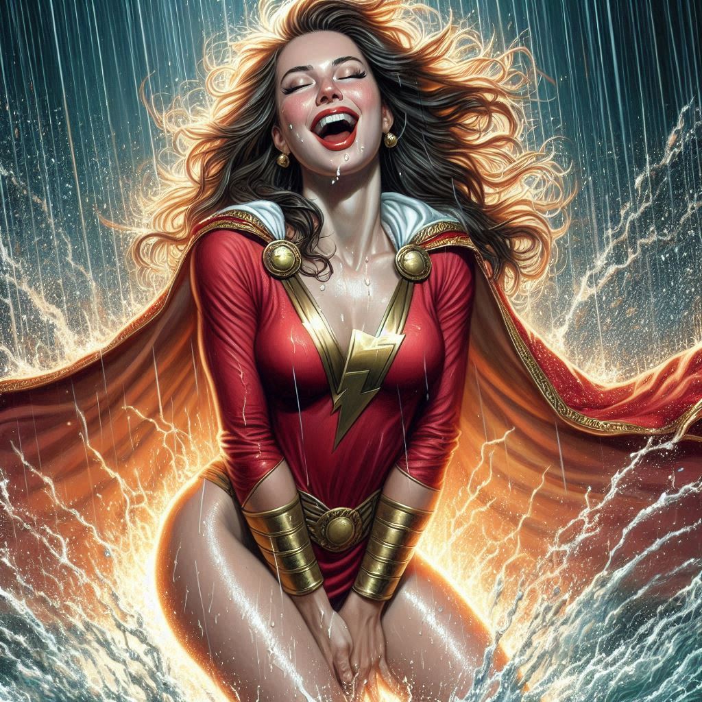 ai_generated حزام big_breasts bodysuit سوار بدون قاع بني_شعر كيب مغلق عيون dc_comics dc_comics Lightning أحمر شفاه طويل_شعر طويل_أكمام_marvel_marvel Rain red_bodysuit red_lipstick Screaming smile Water White_cape