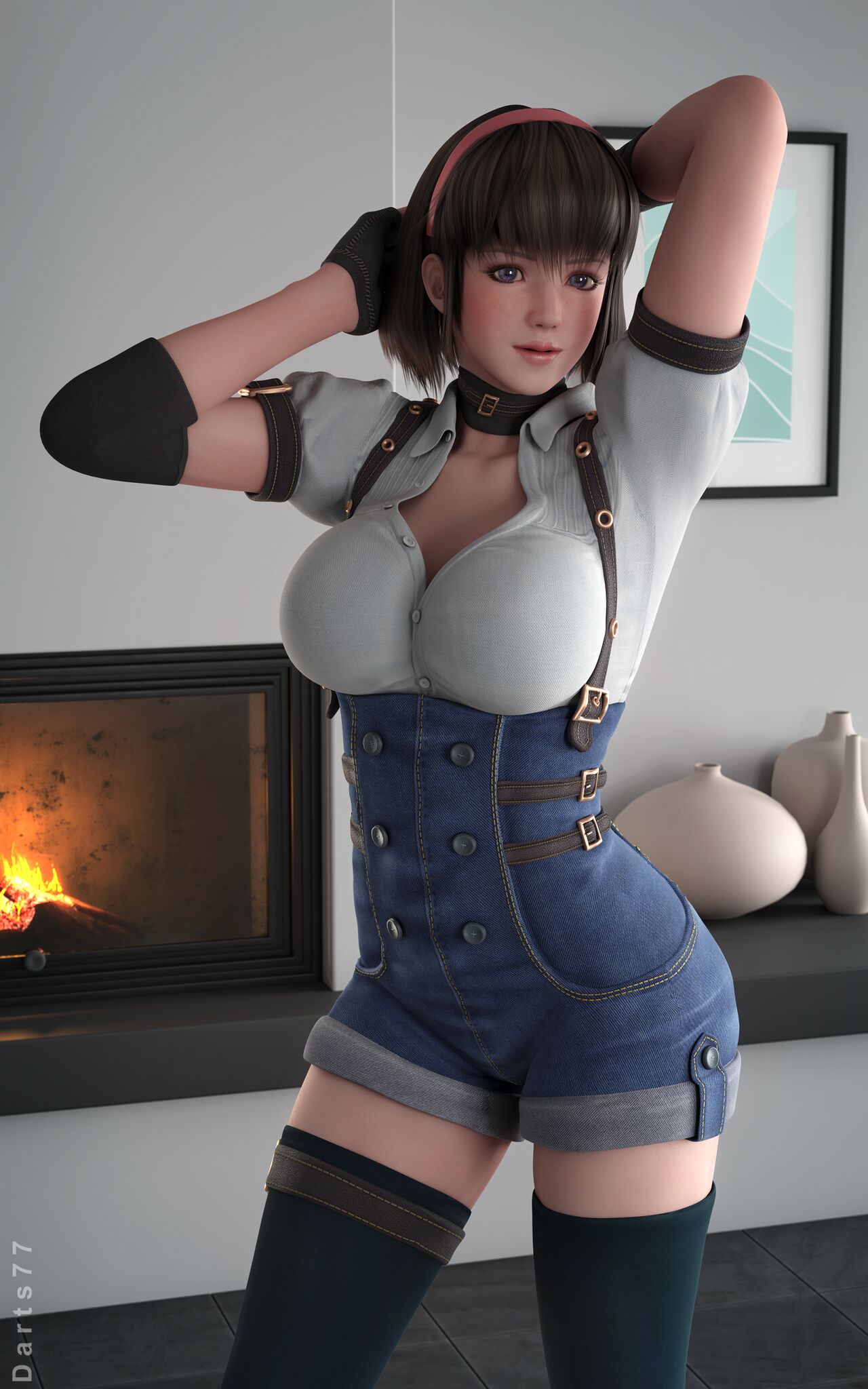 3d 3d_(عمل فني) big_breasts brown_hair choker darts77 dead_or_alive قفازات gripbing_own_hair hairband هيتومي_(doa) ضخمة_breasts Medium_hair pixiv جوارب تعريتها