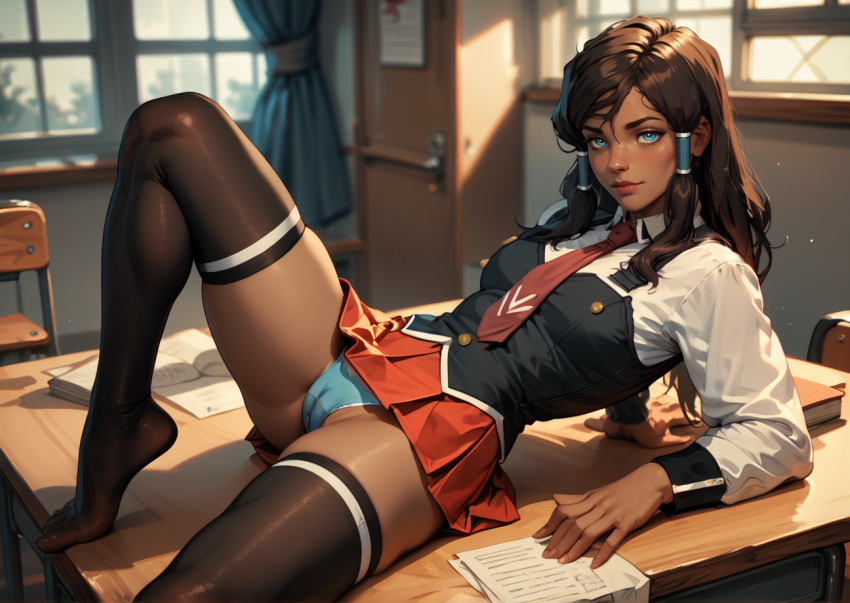 ai_generated_blue_eyes_blue_panties korra long_sleeves Looking_at_viewer تنورة قصيرة red_miniskirt تلميذة schoolgirl_uniform جوارب the_last_airbender:_the_legend_of_korra ربطة عنق twin_tails سترة