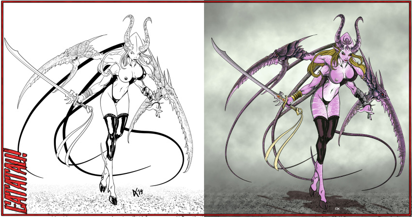 Animal_legs Artist_request black_and_white blackfenris_(فنان) شقراء شقراء_أنثى شقراء الشعر سوار الثديين المشابك الشيطان الشيطان_الفتاة الشيطانية Demon_girl elf_ears هنتاي-مسبك قرون الحافر حبر keeper_of_secrets long_ears long_hair long_arms الحلمة الداخلية purple_الحلمات purple_skin جوارب السيف الفخذين warhammer_(امتياز) warhammer_40k warhammer_fan tasy