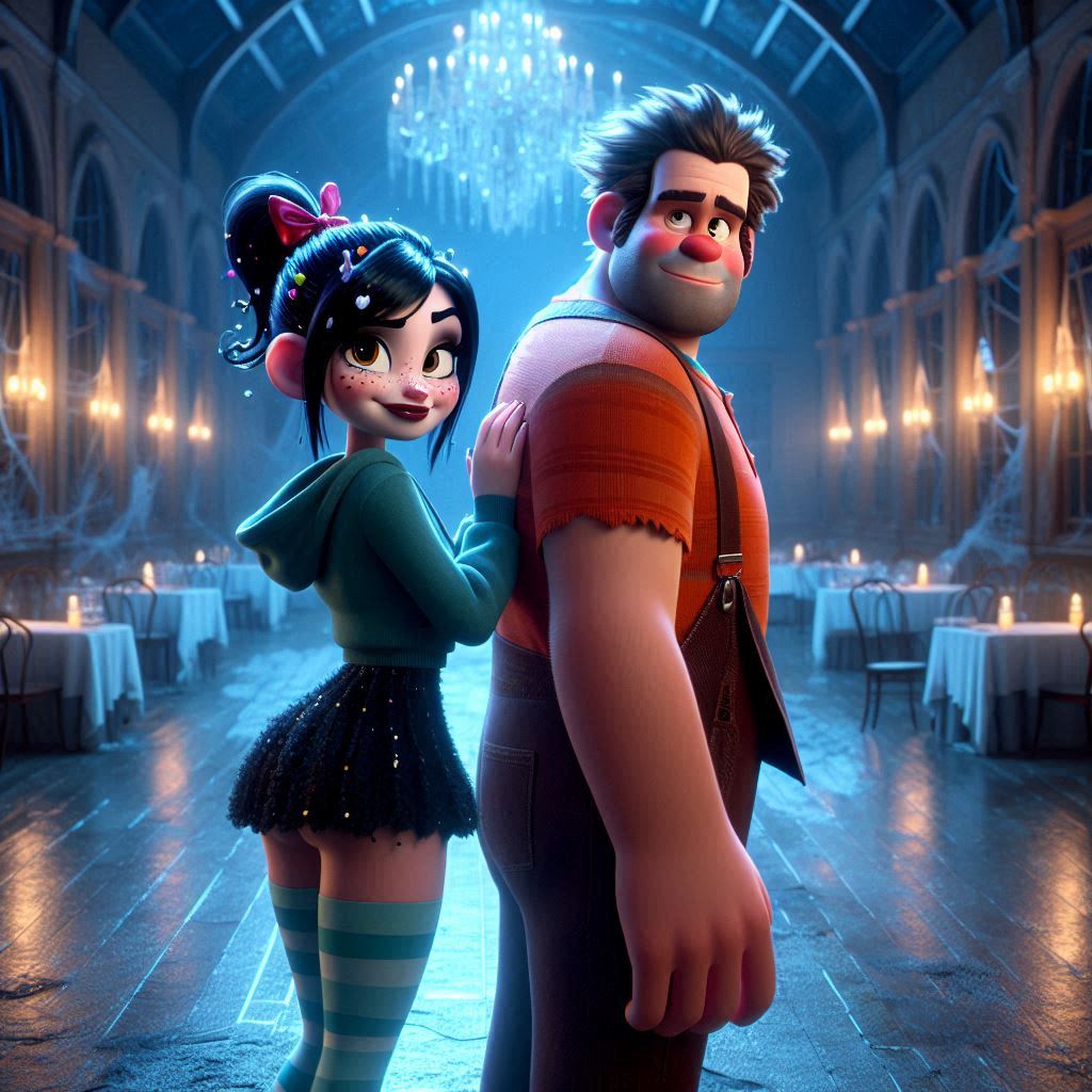 1boy 1girl ai_generated black_hair Disney النمش الأخضر_hoodie hoodie hoodie long_hair ذكر تنورة قصيرة ذيل حصان، جوارب striped_thighhighs vanellope_von_schweetz wreck-it_ralph wreck-it_ralph_(شخصية)