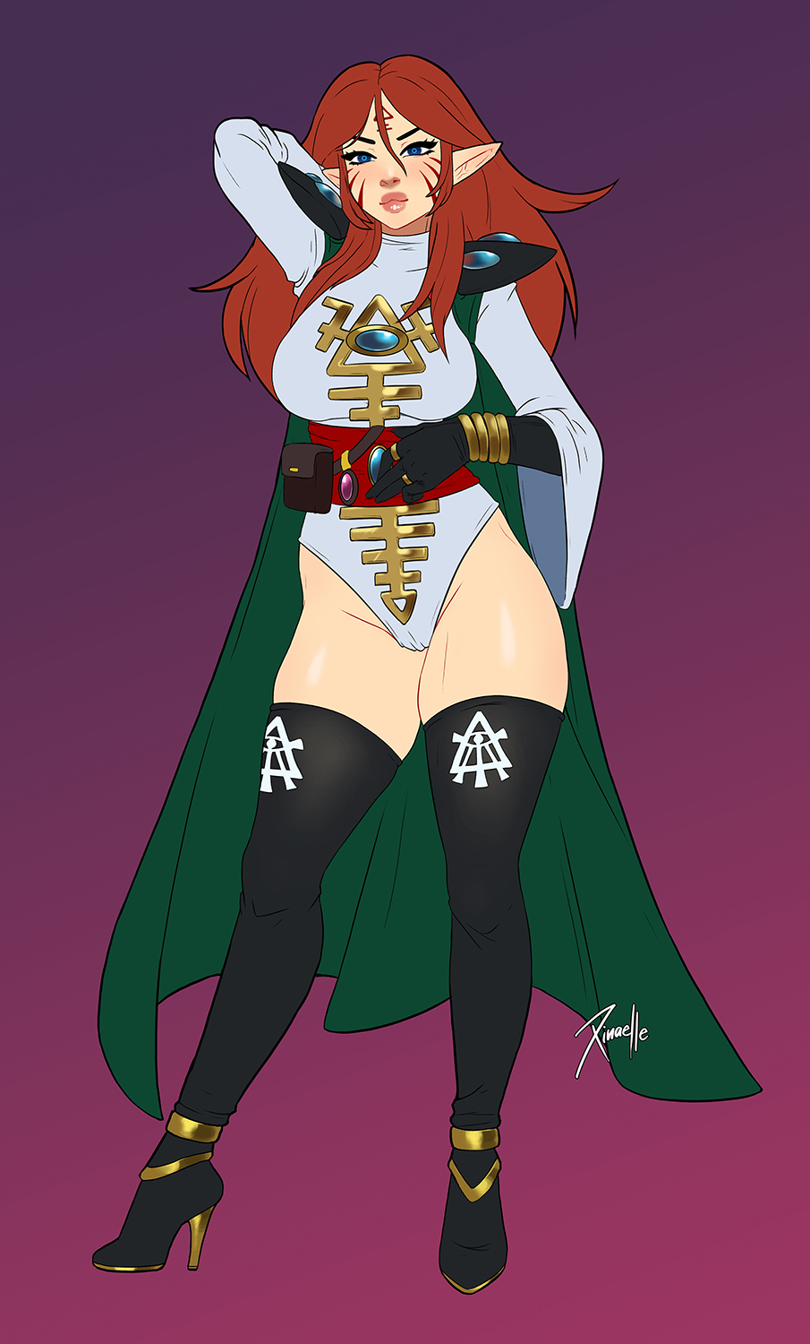 big_breasts bodysuit cape eldar elf elf_ears elf_female green_cape Heeled_boots High_heels long_boots long_hairlooking_at_viewer red_hair warhammer warhammer_(امتياز) warhammer_40k