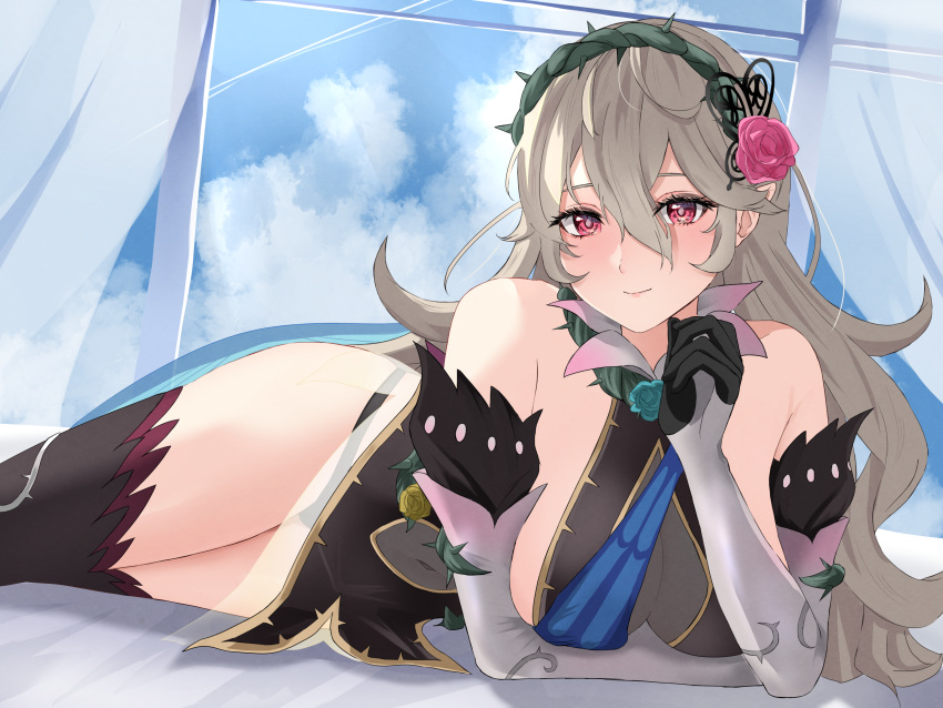 1girl 1girl 1girl absurd_res alluring alternative_costume bare_shoulders bare_thighs bed_sheet black_panties cape corrin_(female)_(fire_emblem) corrin_(fire_emblem) corrin_(fire_emblem)_(female) corrin_(resplendent)_(fire_emblem)_(female) dress elbow_gloves female_only fire_emblem fire_emblem_fates fire_emblem_heroes Gloves hair_ornament hairband high_res inner_thighs long_hair looking_at_viewer laid_mediate_breasts nintendo official_alternate_costume on_bed on_side panties panty_straps peli_cantaro pointy_ears red_eyes transparent sleeveless sleeveless_dress smile stockings hips thorns underwear white_hair