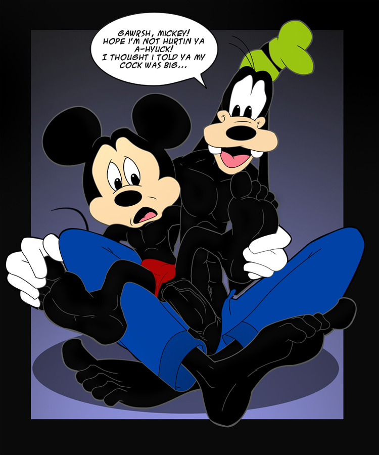 2boys anal anal_sex anthro barefoot big_feet big_penis color disney duo english_text furry gninrom goofy male male_only mickey_mouse penetration penis sex sitting size_difference text yaoi