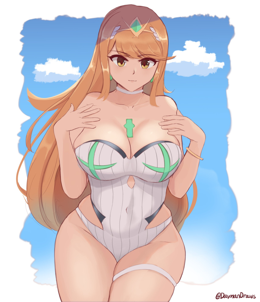 فتاة واحدة فتاة واحدة فتاة واحدة جذابة ذات صدر كبير انقسام daymandraws female_only mythra nintendo one-piece_bikini swimsuit xenoblade_(series) xenoblade_chronicles_2