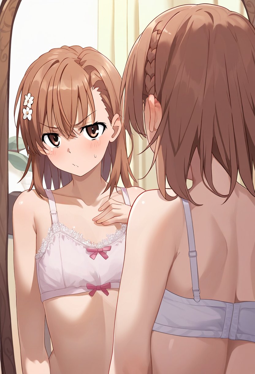 فتاة واحدة 2020s 2024 ai_generated bare_back bare_shoulders blush bra breast_conscious breasts brown_eyes brown_hair عظم الترقوة female hair_flower hair_ornament indoors looking_at_viewer match_hair/eyes mirror misaka_mikoto reflection short_hair shoulder_blades small_breasts solo stomach teen teen_girl teenage teen_girl teenager to_aru_kagaku_no_railgun to_aru_majutsu_no_index underwear underwear_only upper_body young