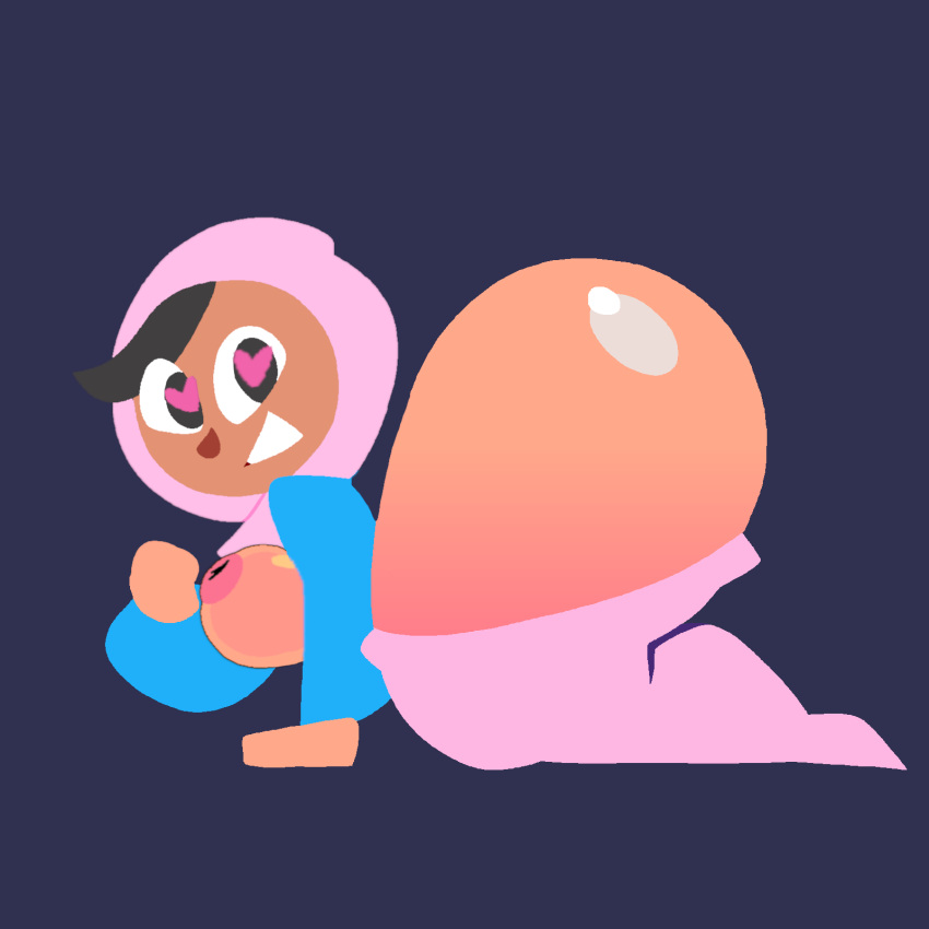 1girl 1girl precise_art_style black_hair blue_topwear breasts breasts_out_of_clothes dark-skinned_female dark_skin duolingo female_only heart-shaped_pupils hijab huge_ass jjoyplus lineless_art looking_at_viewer muslim muslim_female no_outlines on_ground one_color_background pink_areola pink_bottomwear pink_hijab pink_pants seductive seductive_look simple_background smile smile_at_viewer solo_female solo_focus thick_thighs third-party_edit zari_(duolingo)