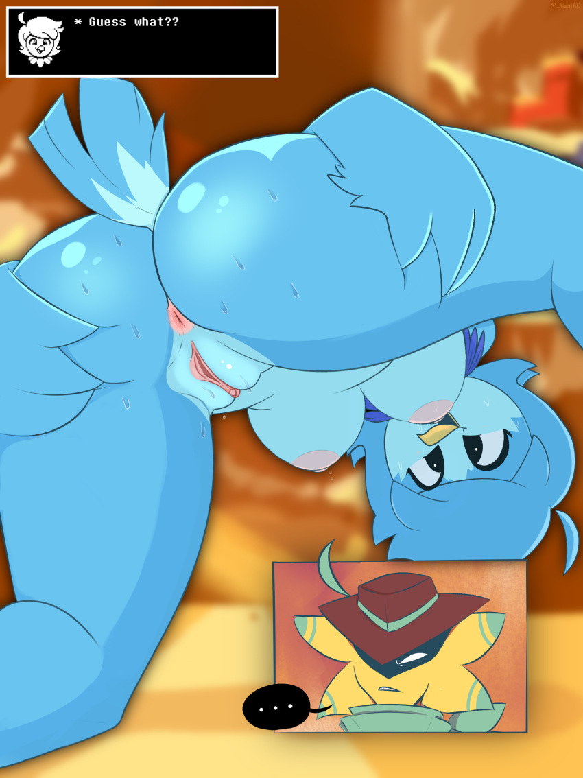 ... 1boy 1girl 2024 angry anthro anus ass ass_focus avian bird black_eyes blue_body blue_feathers blue_hair blush breasts cowboy_hat dialogue english_text female_focus hands_on_ass hat high_resist kerchief looking_back martlet_(undertale_yellow) nipples nude nude_female open_smile pink_nipples presenting presenting_hindquarters pussy rear_view short_hair starlo_(undertale_yellow) sweat sweatdrop tail text text_box undertale undertale_(series) undertale_yellow yiowl