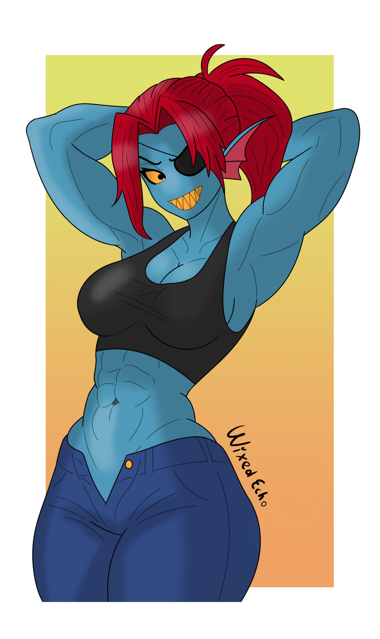 1girl 2020s 2023 2d 2d_(artwork) abs anthro anthro_only armpits artist_name ass big_breasts black_crop_top black_tank_top black_topwear blue_body blue_bottomwear blue_skin bottomwear breasts cleavage coatedclothed_anthroclothed_female clothing crop_top deviantart digital_media_(artwork) ear_fins eyepatch female_abs female_anthro female_only fins fish fish_girl hair hands_behind_head head_fins looking_at_viewer marine midriff monster monster_girl muscle muscular muscular_anthro muscular_female navel nipples non-mammal_breasts pinup pussy red_hair sharp_teeth simple_background slit_pupils solo_anthro solo_female tank_top teeth topwear undertale undertale_(series) أونداين غير مضغوط غير مضغوط_بنطلون شخصية_لعبة_فيديو_ألعاب_فيديو_حدود_بيضاء ويكسيديتشو_صلبة_صفراء_أسنان_صفراء