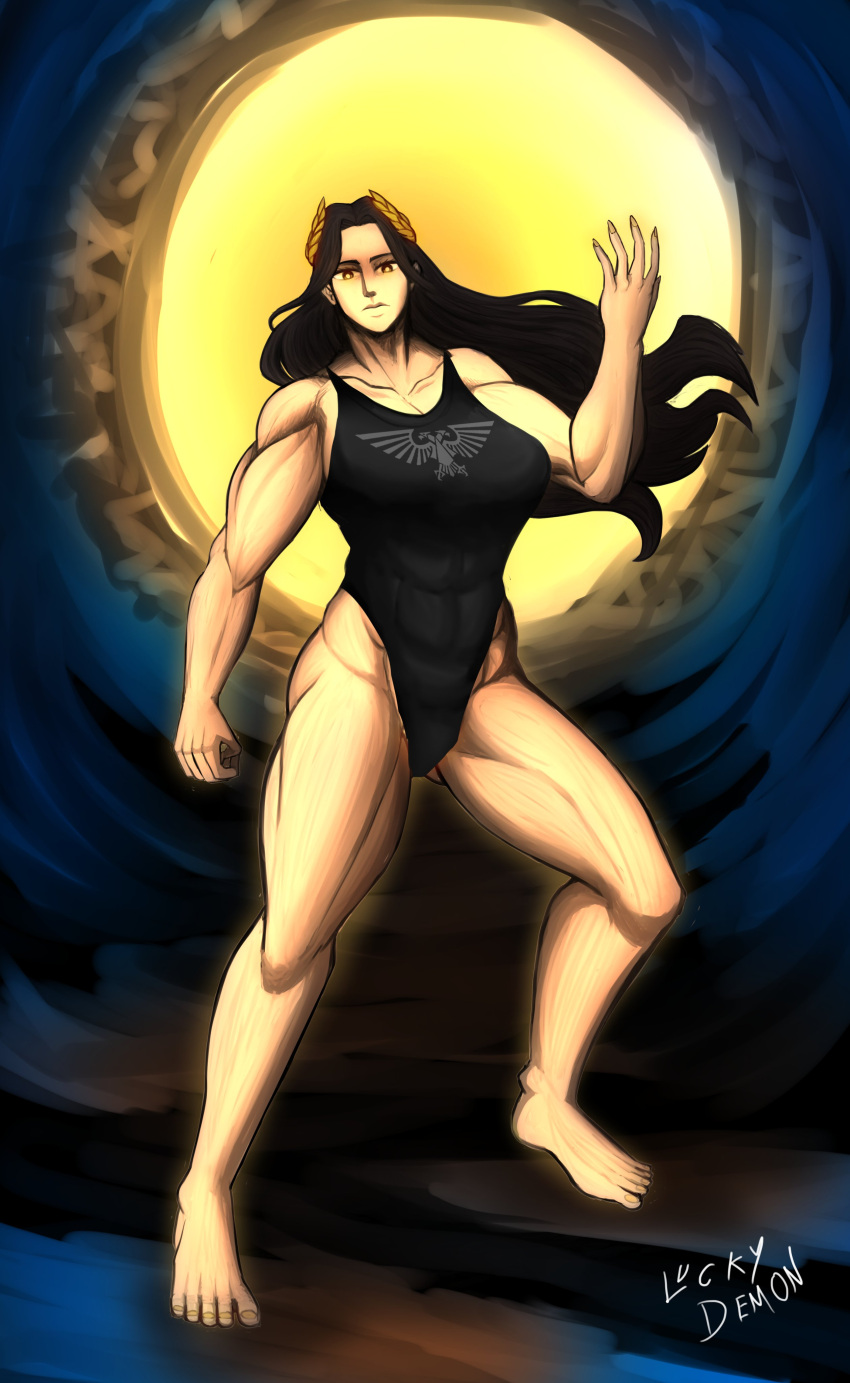 aquila_mark_(w40k) artist_request big_breasts black_hair gender_swap gender_swap god-emperor_of_kind long_hair_looking_at_viewer luckydemon_(artist) muscle عضلي عضلي_أنثى ملابس السباحة warhammer_(franchise) warhammer_40k