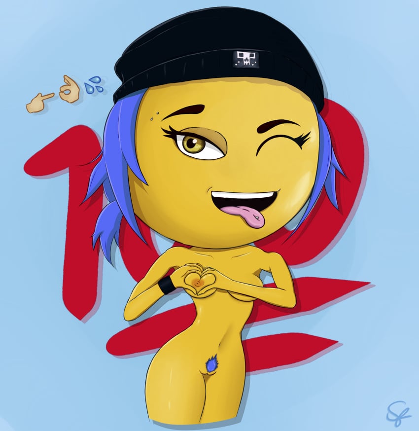 1girl 1girl 1girl 2d :p ;p beanie blue_hair breast_squeeze breasts emoji_(race) heart heart-shaped_boob_challenge jailbreak navel pierced_tongue piercing pubic_hair pussy sexually_suggestive skindentation solefy the_emoji_movie tongue_out wink wristband yellow-skinned_female yellow_eyes yellow_skin