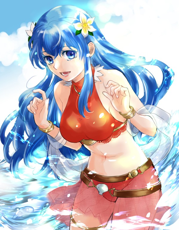 1girl 1girl :d بيكيني مكشوف الكتفين عيون زرقاء شعر أزرق سوار caeda caeda_(fire_emblem) caeda_(summer)_(fire_emblem) fire_emblem fire_emblem:_mystery_of_the_emblem fire_emblem_heroes زهرة شعر_زهرة زينة شعر مجوهرات شعر طويل ينظر إلى المشاهد أسنان سفلية فقط السرة زي نينتندو الرسمي البديل فم مفتوح مغمور جزئيًا بيكيني أحمر ابتسامة ملابس سباحة أسنان usachu_now ماء