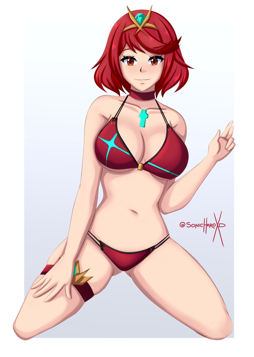 فتاة واحدة فتاة واحدة جذابة ذات صدر كبير وصدر مفتوح وبيكيني core_crystal female_human female_only milf nintendo pyra عيون حمراء شعر أحمر sonicheroxd بشرة بيضاء xenoblade_(series) xenoblade_chronicles_2