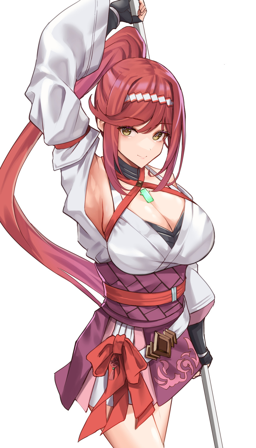 1girl 1girl absurd_res جذابة arm_up الإبطين bare_shoulders big_breasts big_breasts black_gloves blush cleavage core_crystal female_only fingerless_gloves glimmer_(xenoblade) Gloves grin hairband high_res holding_object holding_staff kimono long_hair looking_at_viewer monolith_soft multicolored_hair nintendo pink_hair pink_kimono ponytail red_hair short_dress short_kimono short_skirt smile staff thick_thighs legs very_long_hair white-paka white_kimono xenoblade_(series) xenoblade_chronicles_3 xenoblade_chronicles_3:_future_redeemed yellow_eyes