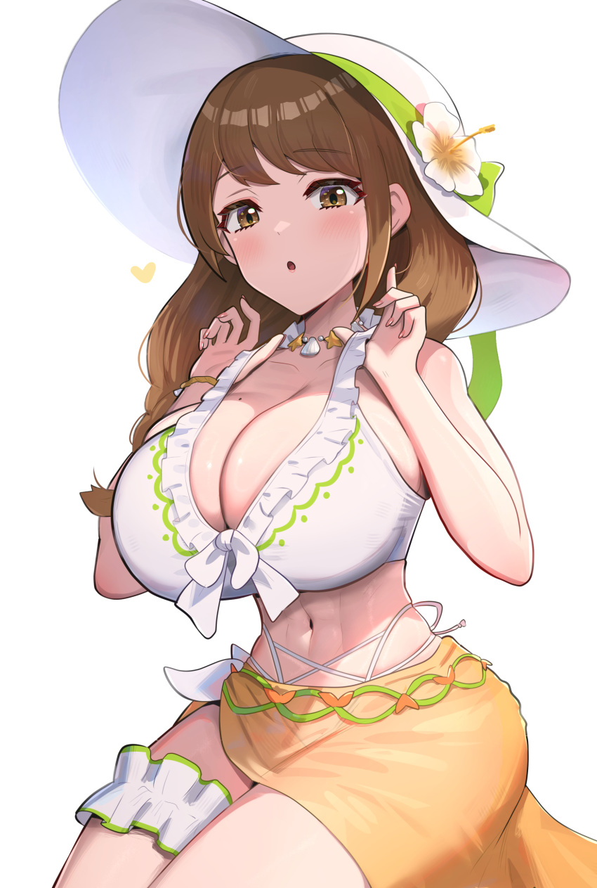 1girl 1girl 1girl :o absurd_res alluring alternative_costume athlete_female bikini curled_banded_ponytail bridal_garter brown_hair cleavage female_abs female_only fire_emblem fire_emblem_engage fire_emblem_heroes fit_female flower flower_hat frilled_bikini frills goldmary_(fire_emblem) goldmary_(summer)_(fire_emblem) gonzarez hat high_res long_hair looking_at_viewer mole mole_on_breast navel nintendo official_alternate_costume sarong simple_background skindentation swimsuit legs white_background white_bikini white_flower white_hat white_swimsuit