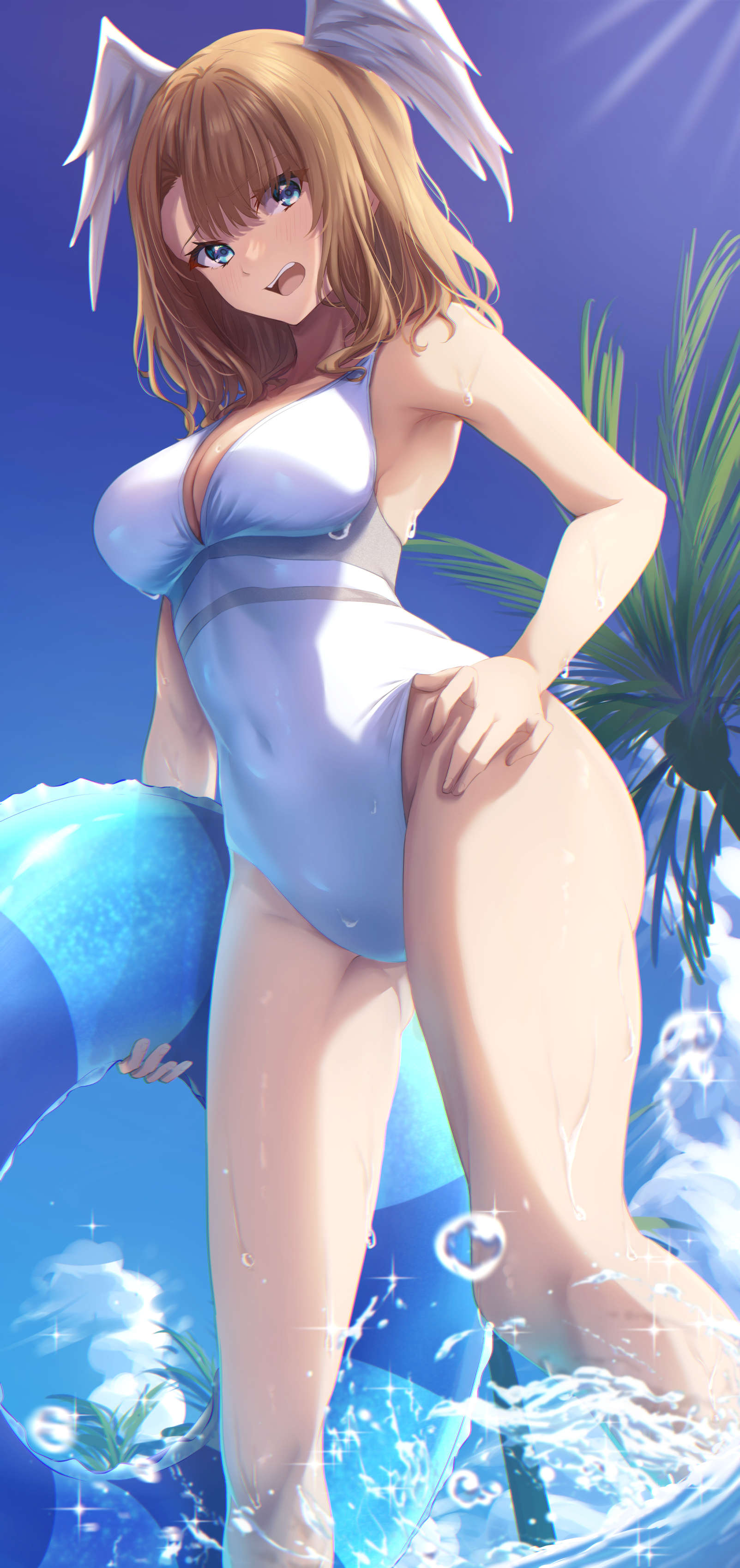 فتاة واحدة فتاة واحدة فتاة واحدة جذابة عارية الساقين صدور كبيرة eunie_(xenoblade) female_only nintendo one-piece_bikini_open_mouth ouna0408 swimsuit wings wings_on_head xenoblade_(series) xenoblade_chronicles_3