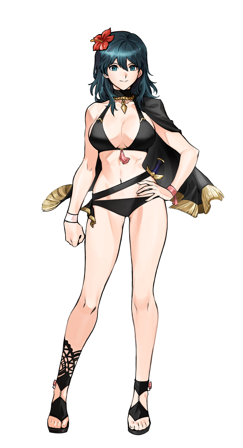 1girl 1girl 1girl absurd_res alluring alternative_costume bangs bare_arms bare_legs bare_shoulders strap big_breasts bikini black_belt black_bikini black_cape black_footwear black_swimsuit black_eyes byleth_(fire_emblem) byleth_(fire_emblem)_(female) byleth_(summer)_(fire_emblem)_(female) cape clenched_hand commentary_request commission female_only fire_emblem fire_emblem:_three_houses fire_emblem_heroes flower full_body hair_between_eyes hair_flower hair_ornament hand_on_hip hibiscus high_res long_hair looking_at_viewer navel nintendo official_alternate_costume pixiv_request red_flower sandals silvercandy_gum smile standing stomach summer swimsuit tael_hair legs سوار معصم بخلفية شفافة