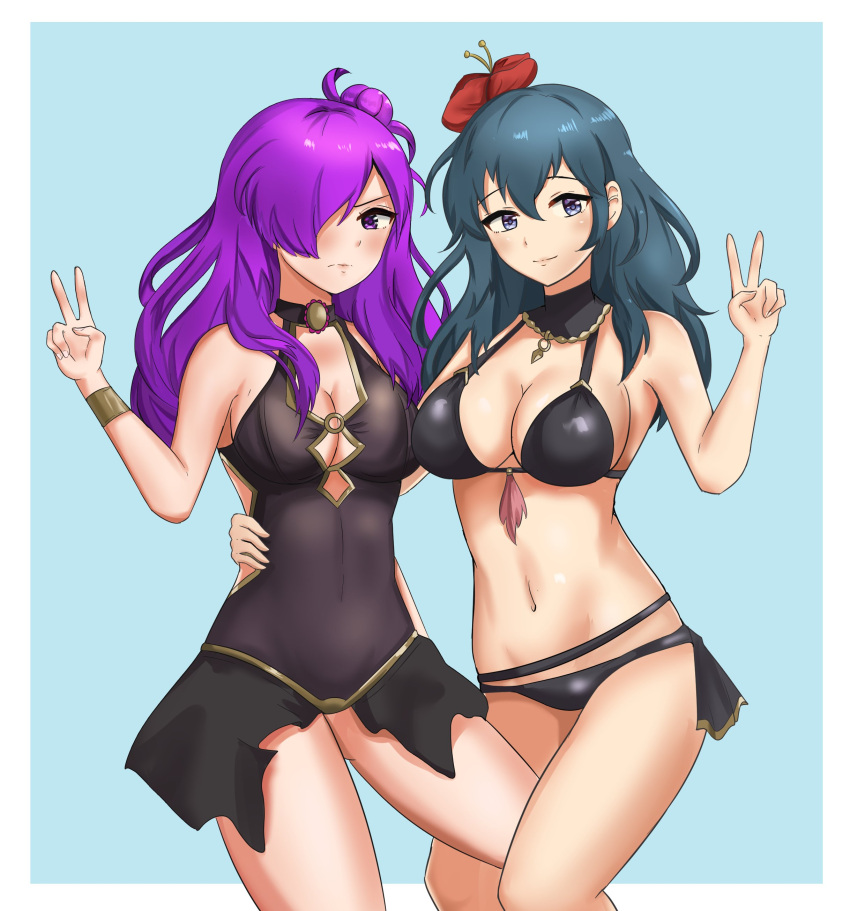 1girl 2_girls alluring alternative_costume بيكيني أسود بيكيني أسود ملابس سباحة سوداء عيون زرقاء شعر أزرق byleth_(fire_emblem) byleth_(fire_emblem)_(female) female_only fire_emblem fire_emblem:_three_houses fire_emblem_heroes fire_emblem_warriors fire_emblem_warriors:_three_hopes شعر فوق عين واحدة شعر طويل فتيات متعددات نينتندو زي بديل رسمي ملابس سباحة من قطعة واحدة عيون أرجوانية شعر أرجواني shez_(fire_emblem) shez_(fire_emblem)_(female) ابتسامة ملابس سباحة شعر أخضر مخضر v سحاب