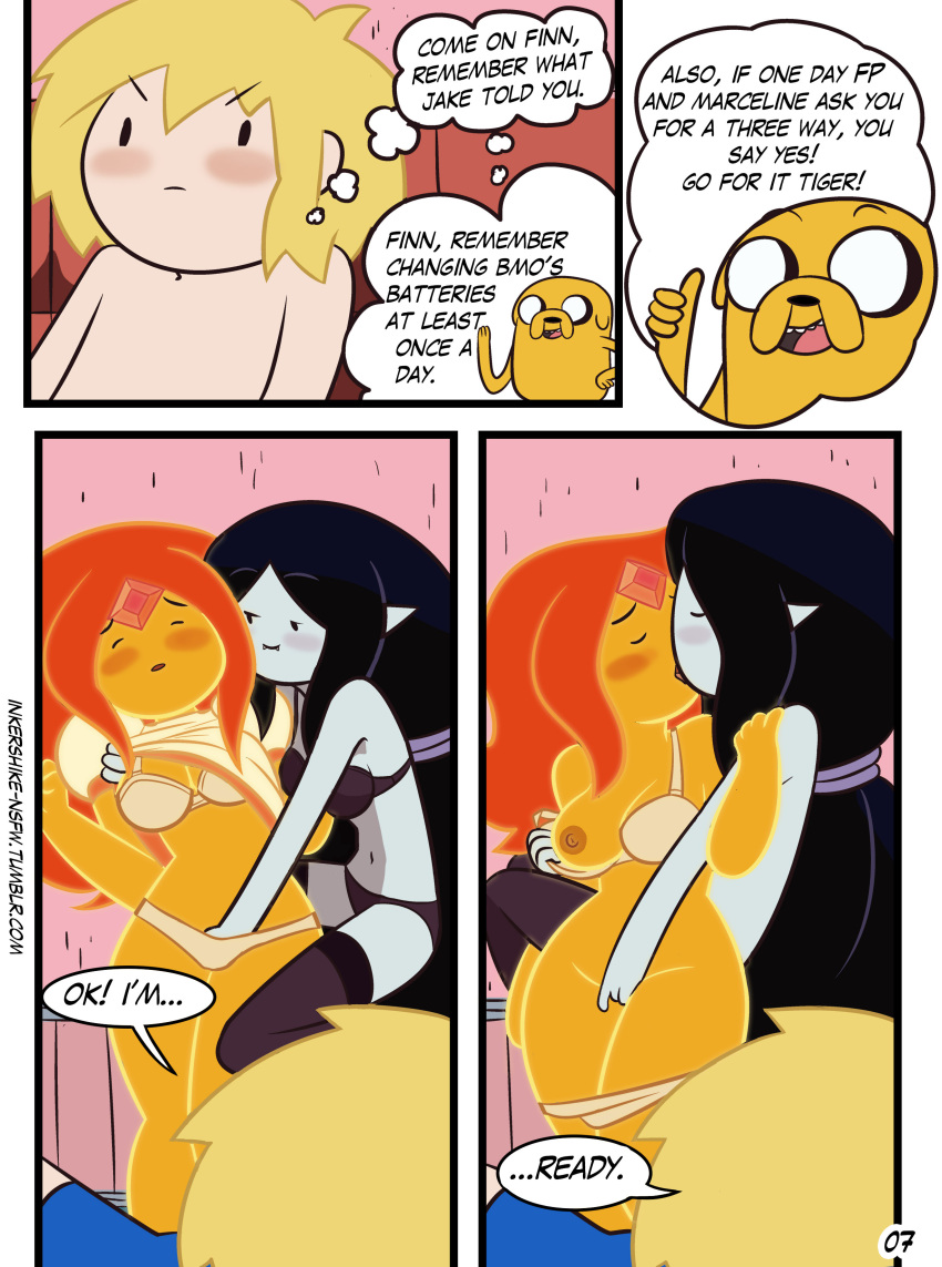 1boy 2_girls adventure_time age_difference areola big_breasts black_hair blush bra breasts cartoon_network comic drpizzaboi1 english_text fingering finn_the_human flame_princess grey_skin inkershike jake_the_dog kissing long_hair marceline masturbation masturbation mature_female mature_woman nipples older_female orange_hair orange_skin page_7 page_number pale_skin panties panties_down pussy stockings straight_hair text threesome undressing vaginal_masturbation vampire younger_female younger_female yuri