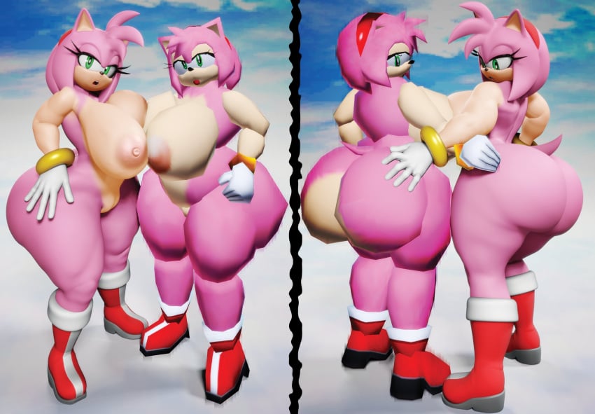 1girl 2_girls 2females 3d 3d_(artwork) :o accurate_art_style amy_rose anthro ass beach big_ass big_ass big_breasts boots breasts clothing digital_media_(artwork) duo eulipotyphlan female_only footwear Gloves gripbing_ass green_eyes hedgehog hedgehog_girl high_res huge_ass looking_down mammal massive_breasts mobian naked_female nipples nude nude open_mouth pink_fur polygon sega sega shoes so_retro sonic_adventure sonic_the_hedgehog_(series) thick_thighs vulkyasha white_gloves