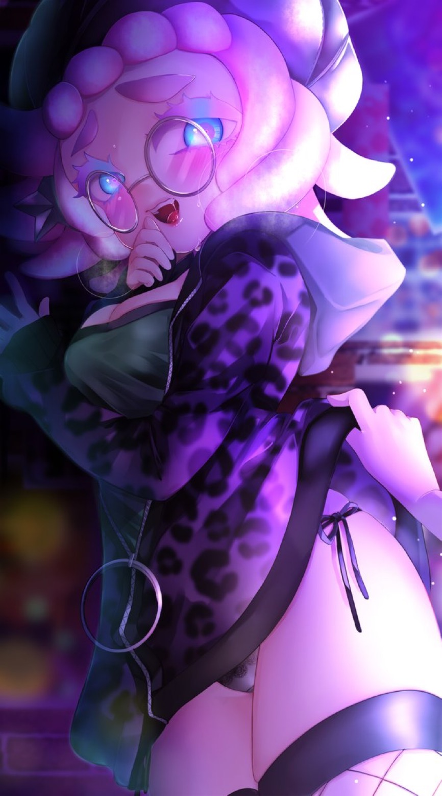 1girls annie_(splatoon) black_panties blue_eyes blush breasts cleavage clothes_lift fishnets Glasses hat raised_by_another looking_at_viewer mugyiiiii_ika open_mouth panties pink_hair round_glasses saliva short_hair side-tie_panties splatoon splatoon_(series) splatoon_3 tongue underwear