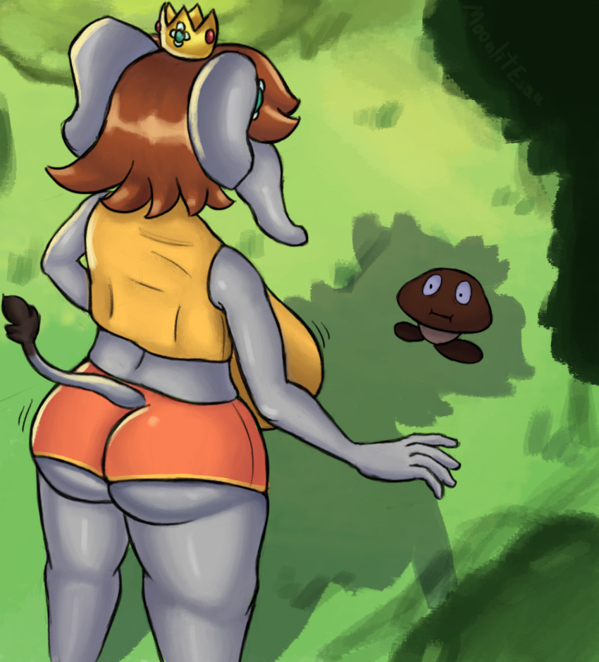 1girl 1girls 1other 2023 anthro anthrofied ass breasts clothing crown principal_anthro elephant elephant_daisy elephant_tail elephant_trunk female_focus giantess goomba grass_field height_difference huge_ass huge_breasts mario_(series) moonlitesau nintendo outside princess_daisy standing super_mario_bros._wonder suprised_look tall_female