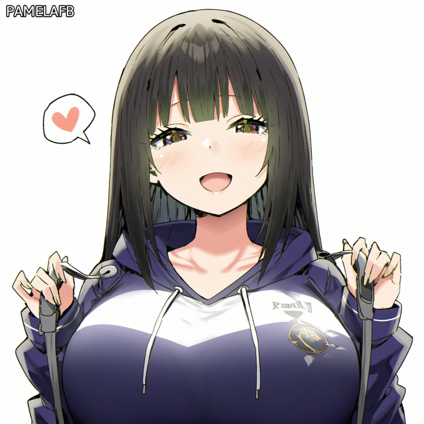 1girl ai_art ai_generated artstyle_imitation big_breasts black_hair blush breasts terricular heart hoodie nai_diffusion novelai open_mouth pamelafb self_upload sky_(freedom)_(ai_style) spoke_heart upper_body white_background