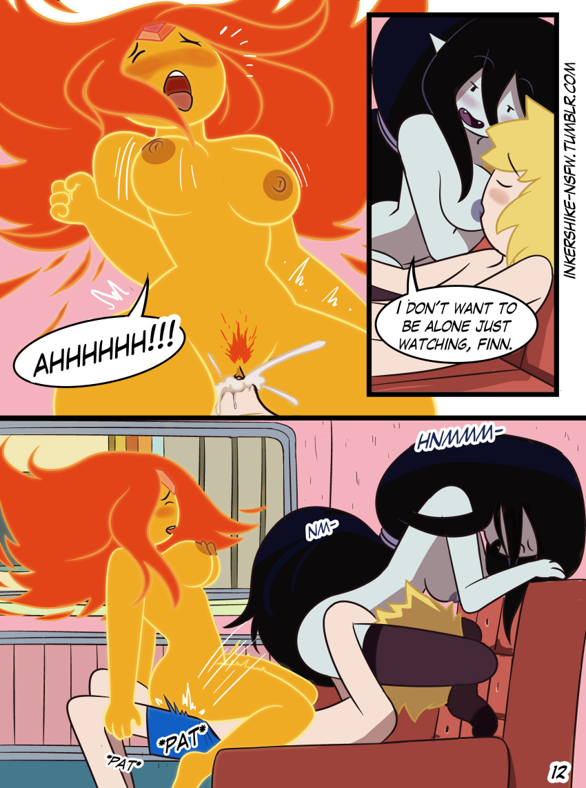 1boy 2_girls adventure_time age_difference areola big_breasts black_hair blush bouncing_breasts breasts cartoon_network comic cowgirl_position cum cum_in_pussy cum_inside drpizzaboi1 english_text female/female female_pubic_hair finn_the_human flame_princess grey_skin hourglass_figure inkershike long_hair marceline mature_female mature_woman mob_face nipples nude nude_female older_female orange_hair orange_skin page_12 pale_skin penetration penis pussy pussylicking reverse_spitroast sex shorts sitting_on_face stockings straight_hair sucking_nipples text threesome vaginal_penetration vaginal_sex vampire voluptuous younger_female younger_female